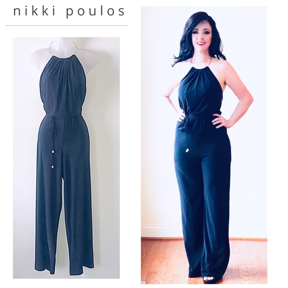 Nikki Poulos Black Halter Jumpsuit w/Gold necklace
